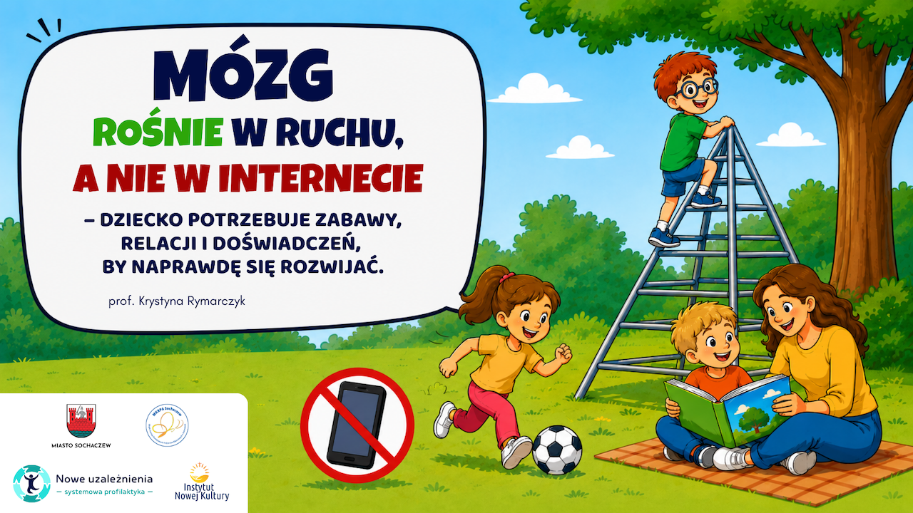 Kolorowa, bajkowa ilustracja promująca aktywność dzieci zamiast ekran&oacute;w