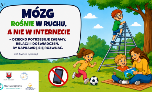 Kolorowa, bajkowa ilustracja promująca aktywność dzieci zamiast ekranów